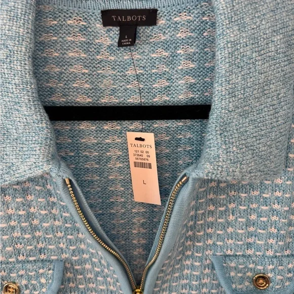 NWT Talbots Blue Knit Zip Front Jacket Cardigan Gold Buttons Size Large - Picture 2 of 7